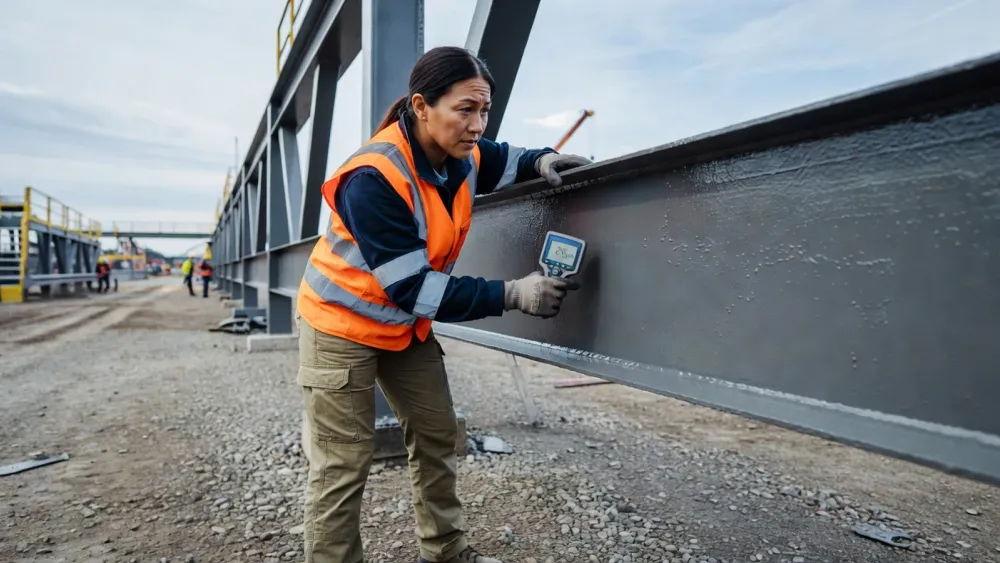 Une inspectrice vérifie l'épaisseur du revêtement anticorrosion sur une structure métallique industrielle.