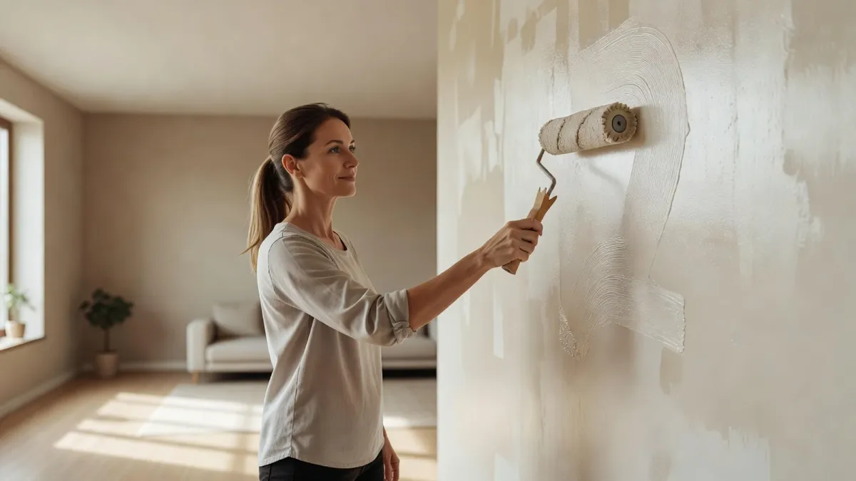 Femme appliquant de la peinture au rouleau sur un mur de salon pour vérifier la tenue et la qualité.