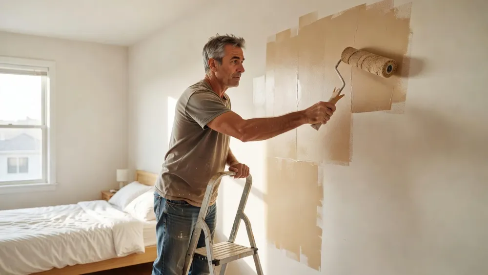 Un homme applique deux couches fines de peinture beige sur un mur avec un rouleau pour un rendu uniforme.