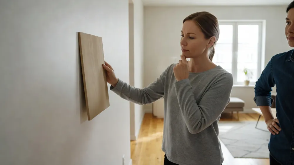 Une femme teste un échantillon de peinture beige sur une planche pour ajuster la teinte à la lumière naturelle.