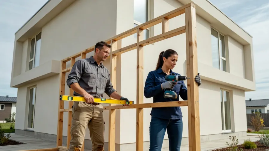 Un homme et une femme installent l'ossature en bois sur la façade avant la pose du bardage composite.