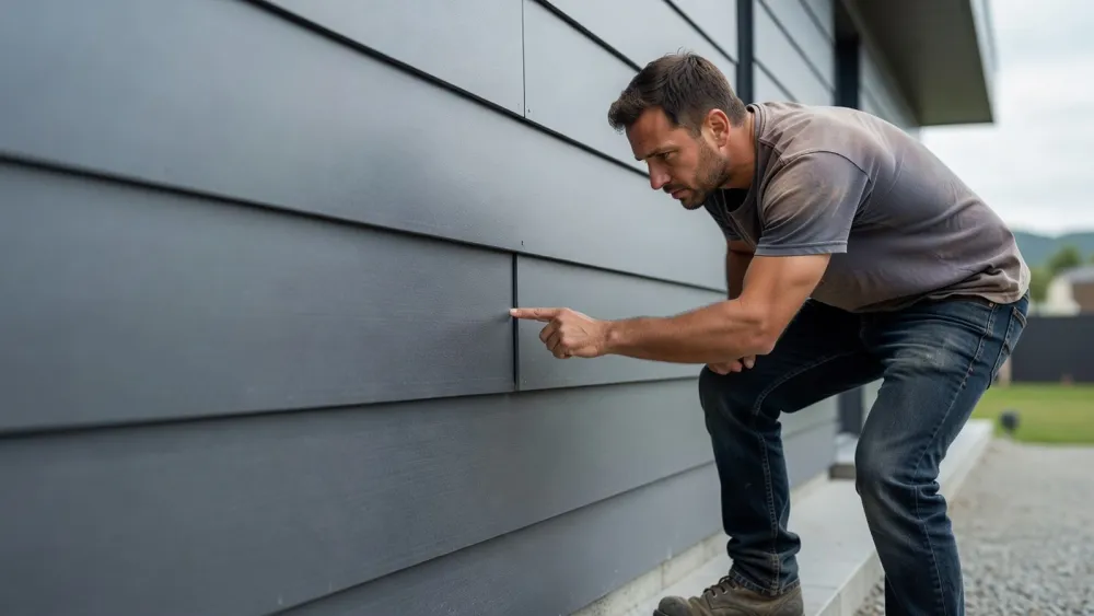 Un artisan vérifie l'espacement entre les lames de bardage composite pour une finition parfaite.