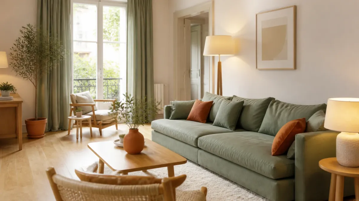 Salon lumineux avec une palette blanc cassé, vert sauge et terracotta