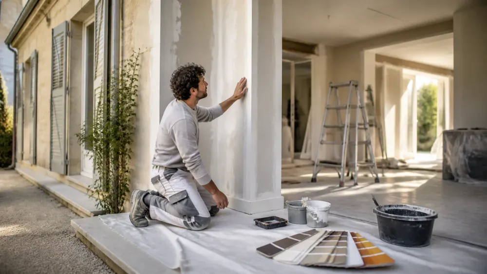Artisan vérifiant un support mural avec échantillons de teintes avant rénovation