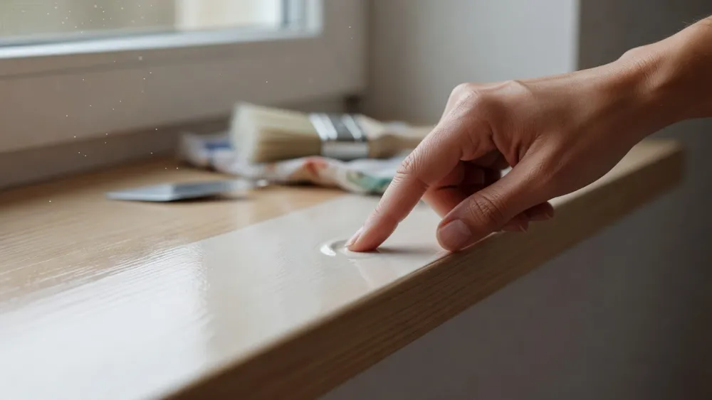 Test de durcissement final à l'ongle sur un rebord de fenêtre peint en glycéro.