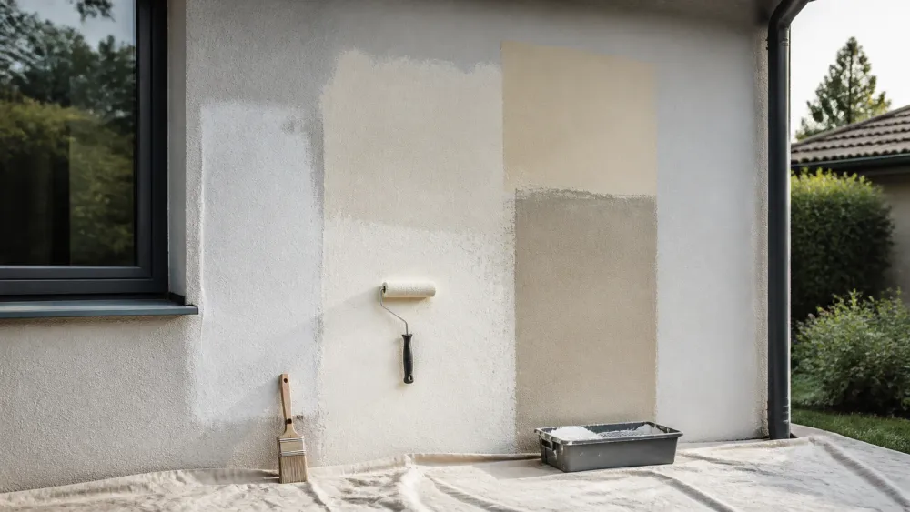Échantillons d’enduit et de peinture devant une façade en rénovation