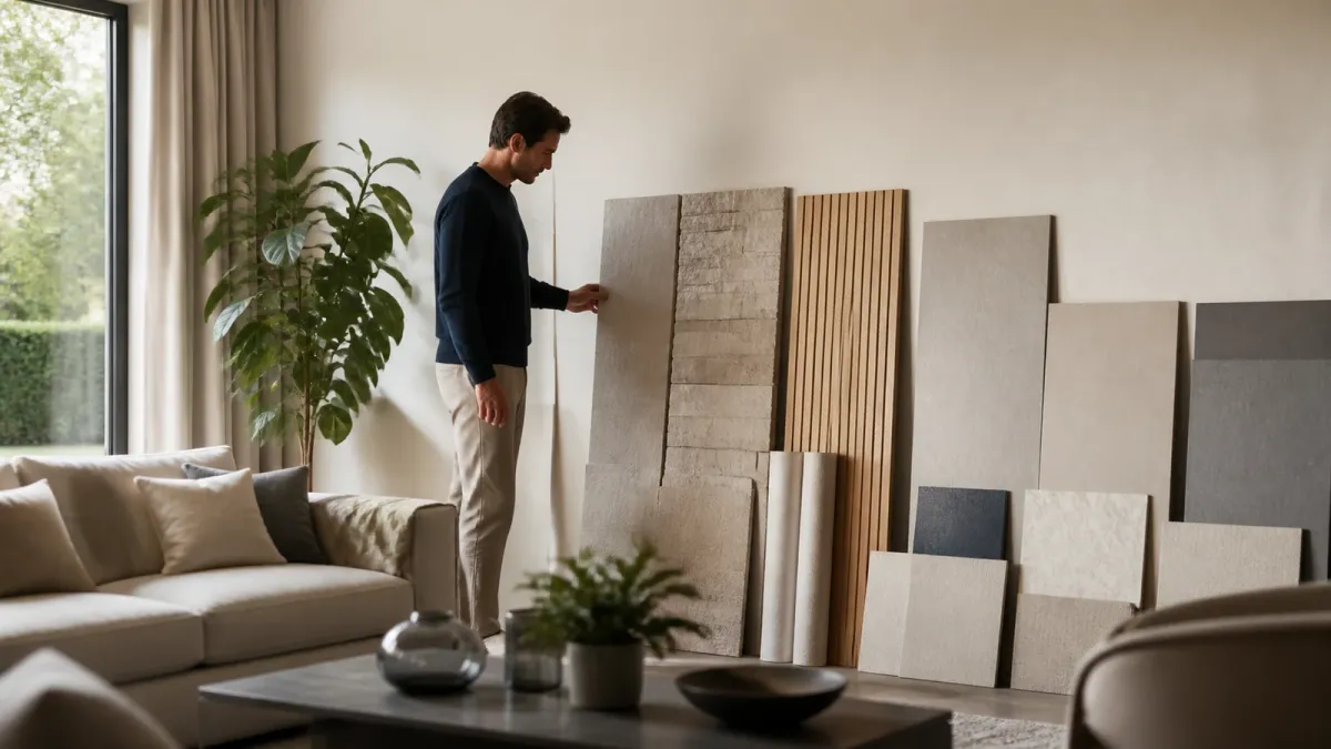 Échantillons de revêtement de mur intérieur dans un salon lumineux